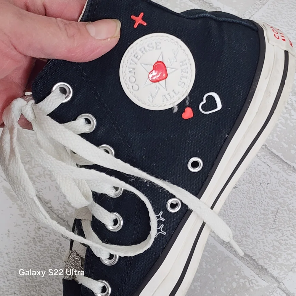 Converse Black High-Tops with Red Heart Details